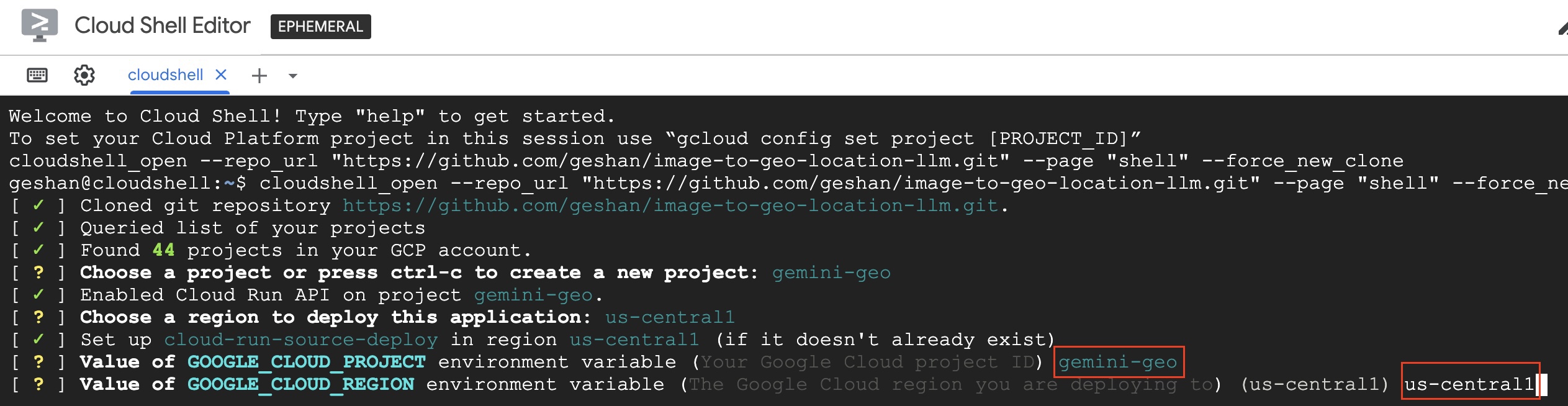 Re-enter the project and the region
