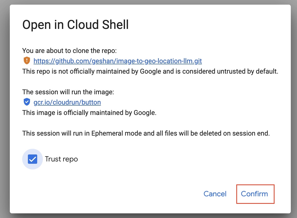 In Cloud Shell trust the repo and confirm