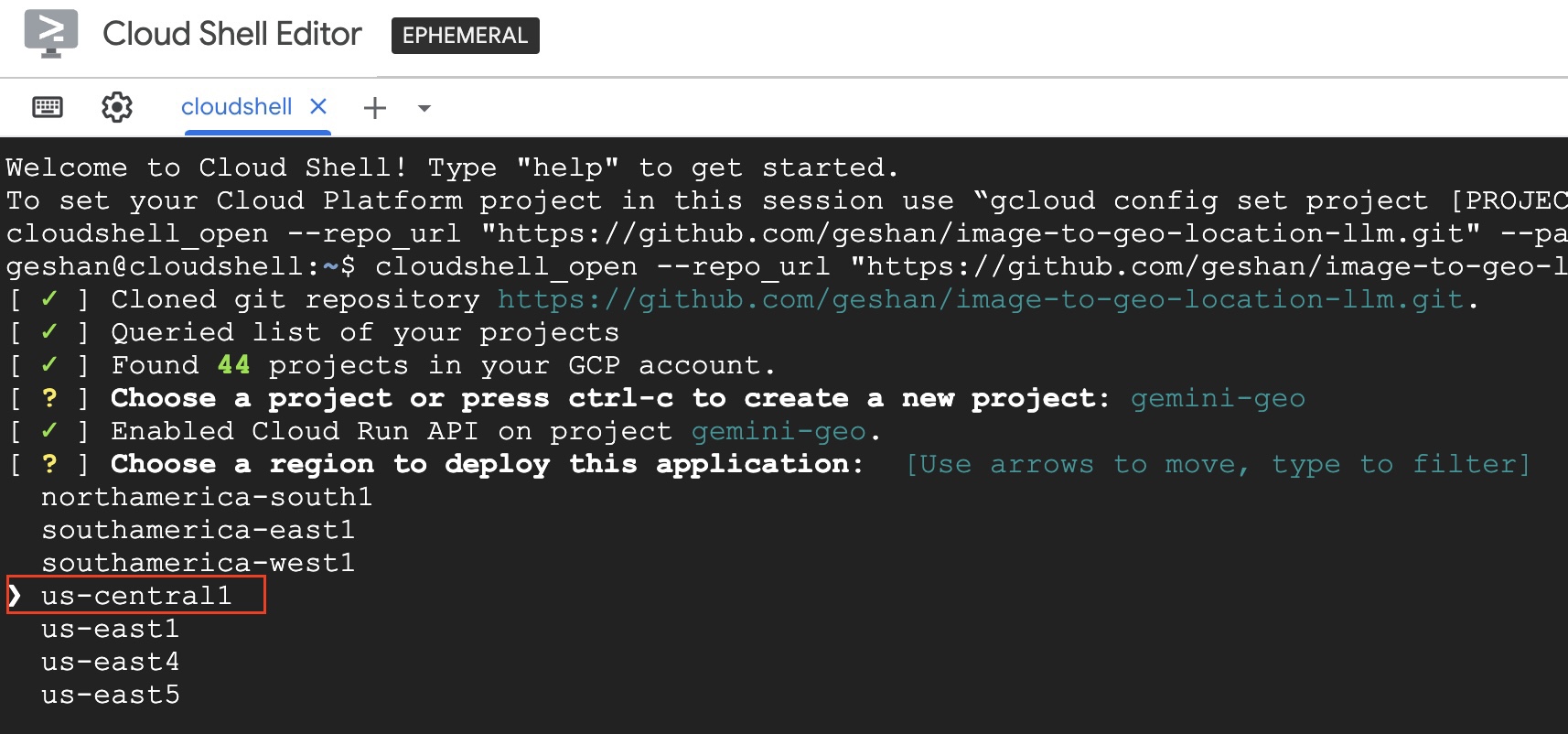 Select region as US Central 1 on the cloud shell script